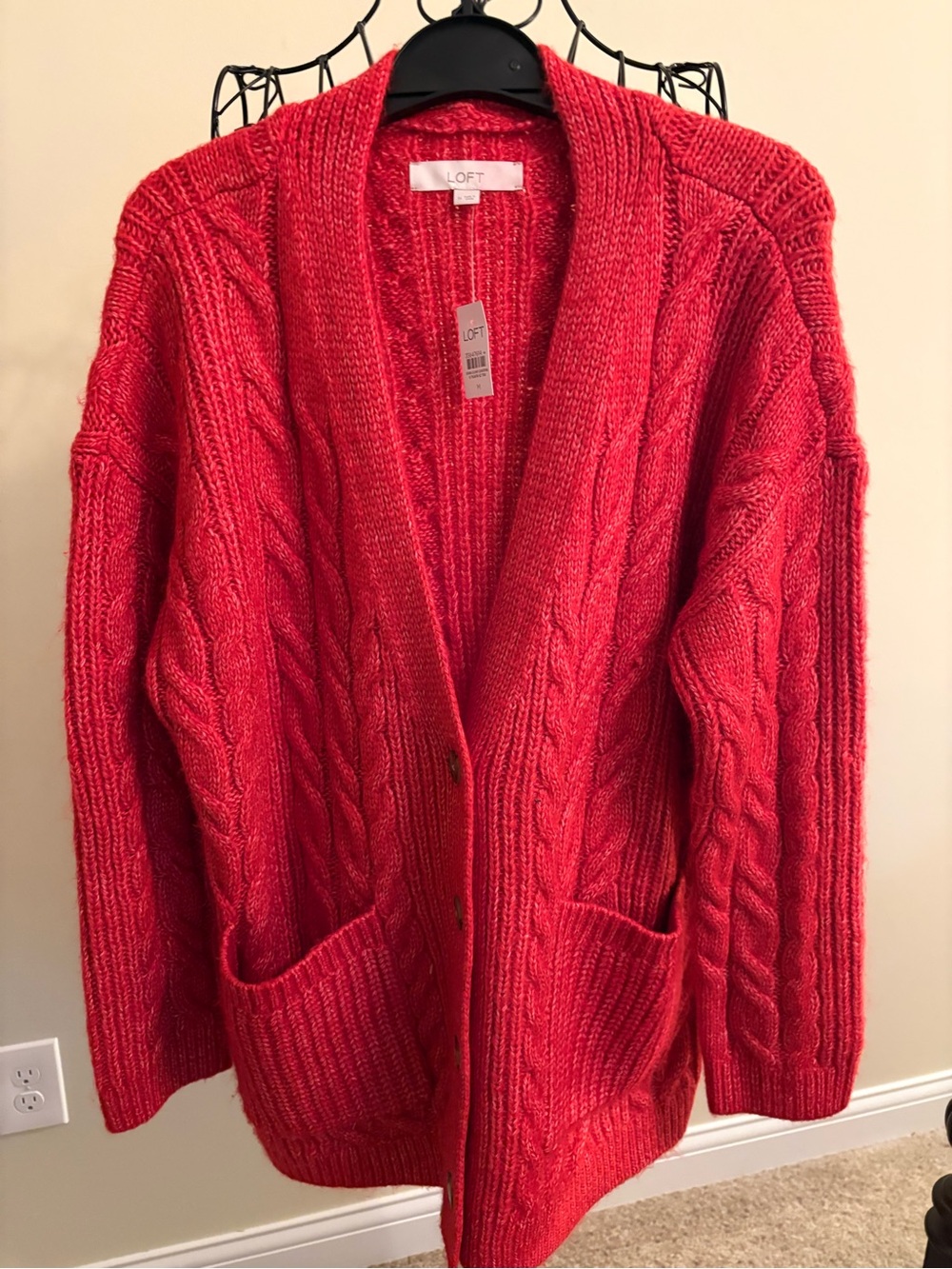 LOFT Red Cable Knit Open Cardigan with Pockets